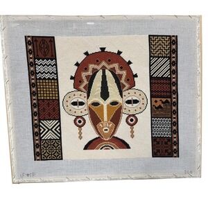African Mask Patchwork Border Female Needlepoint Finished needlepoint piece